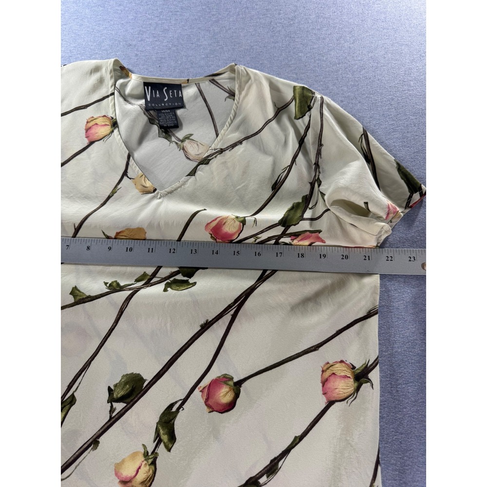 Via Seta Collection Silk 2 Piece Set Cardigan Blouse Sage Green Floral 12 14 - Picture 12 of 12